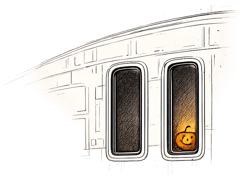 A small jack-o'-lantern glowing in the window of Captain McClendon's ready room aboard the unfinished USS Kepler.