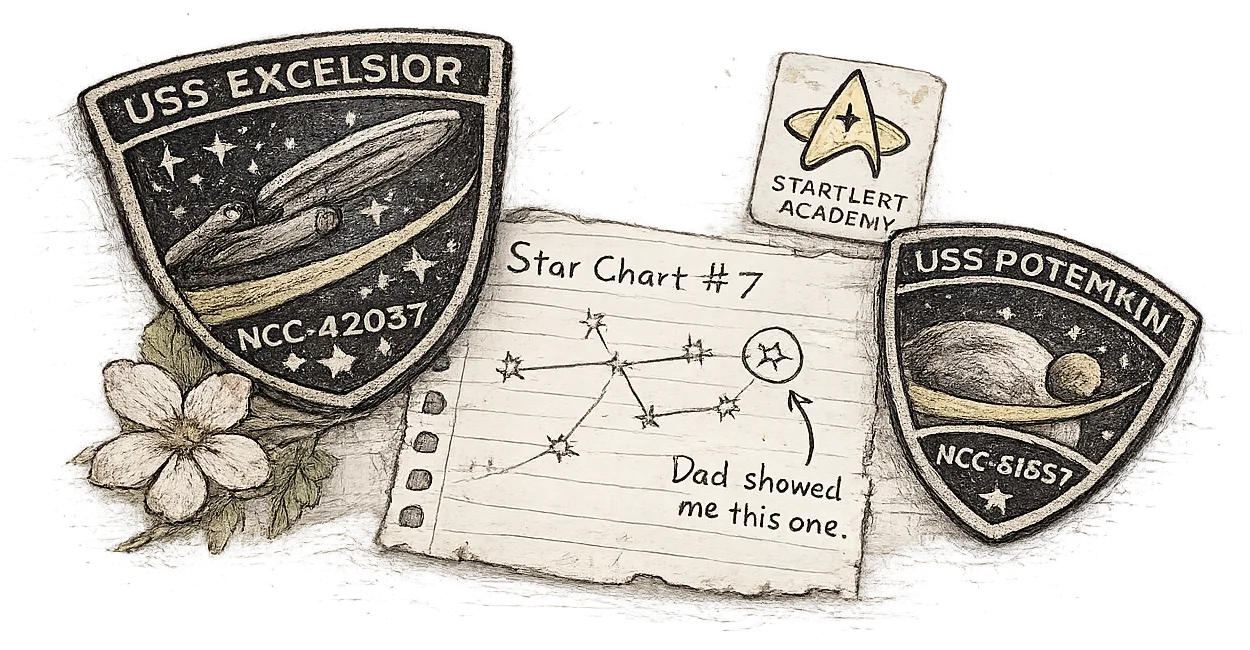 Sophia Grant's keepsakes: USS Excelsior and USS Potemkin patches, a child's star chart, an Academy sticker, and a pressed Arboretum flower.