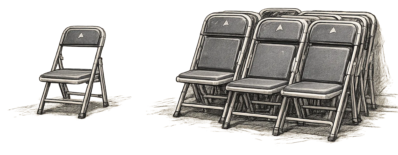 A notebook sketch of folding chairs arranged after a community gathering.